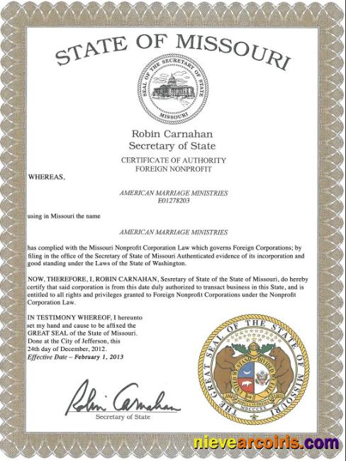 USA Missouri marriage certificate